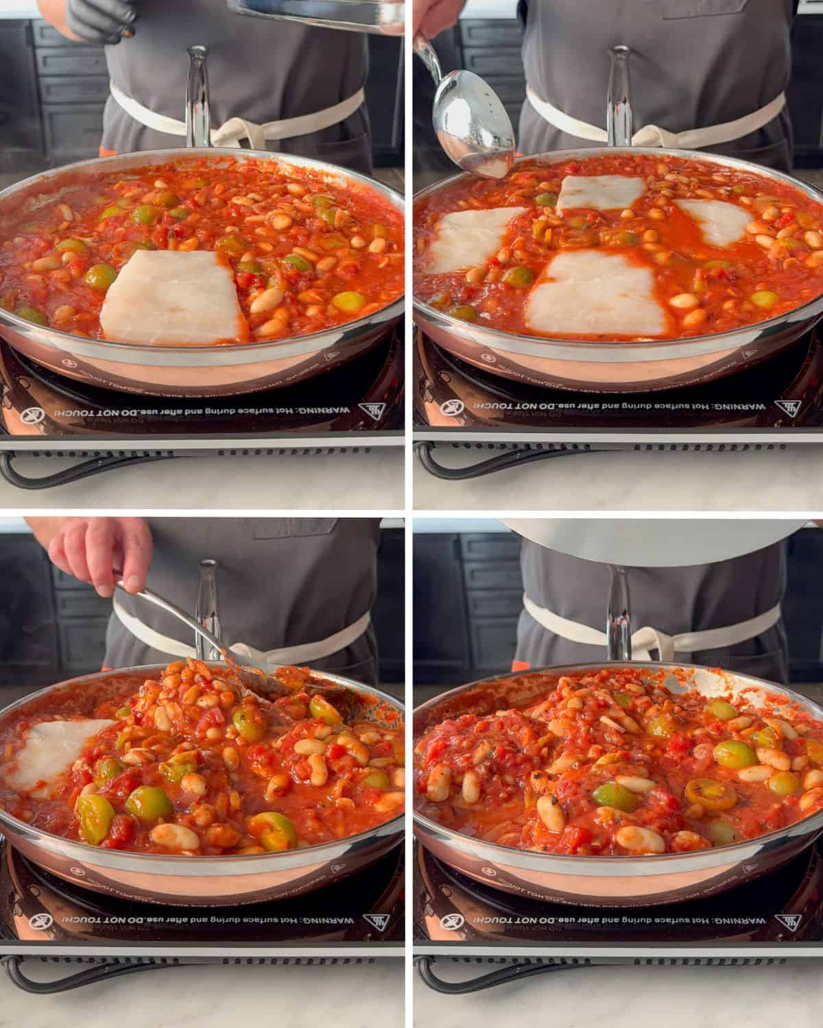 Poach halibut by nestling the pieces under the white wine tomato sauce.