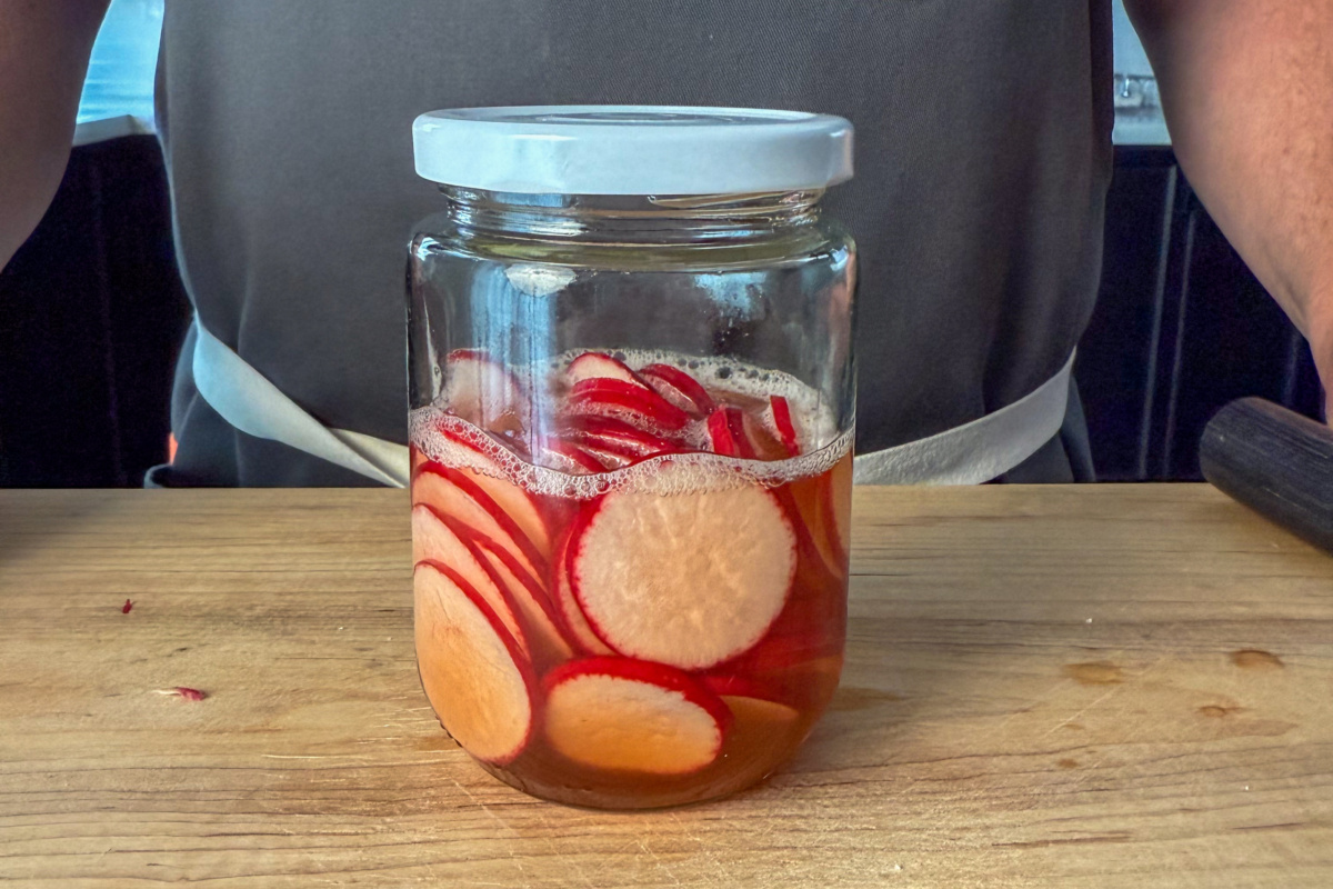 A jar of quick pickle radishes.
