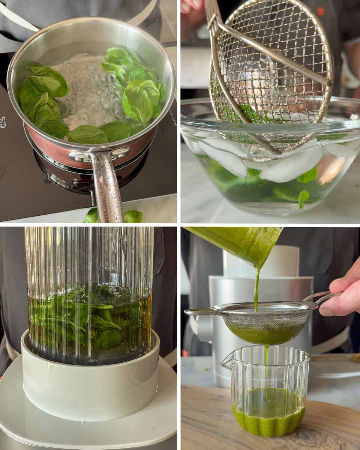 How to blanch, cool, blend and strain basil oil.