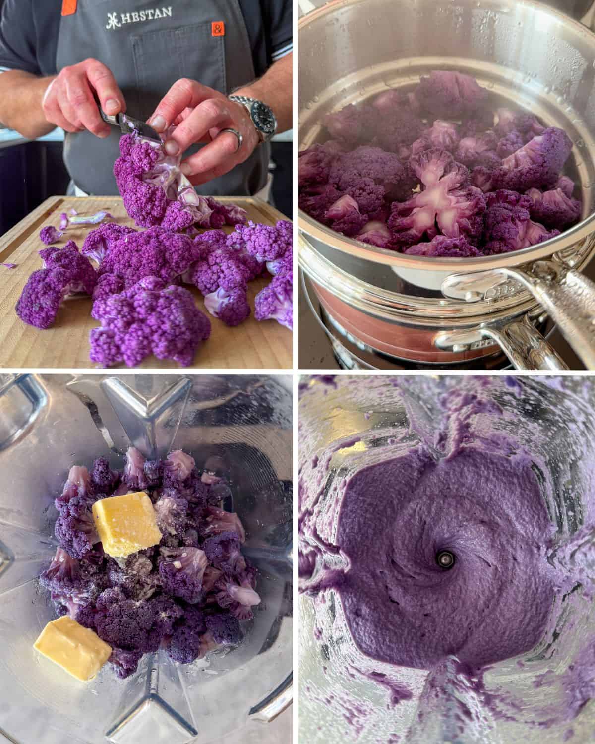 How to cut, steam and blend cauliflower to make a puree for scallops with a cauliflower puree recipe.