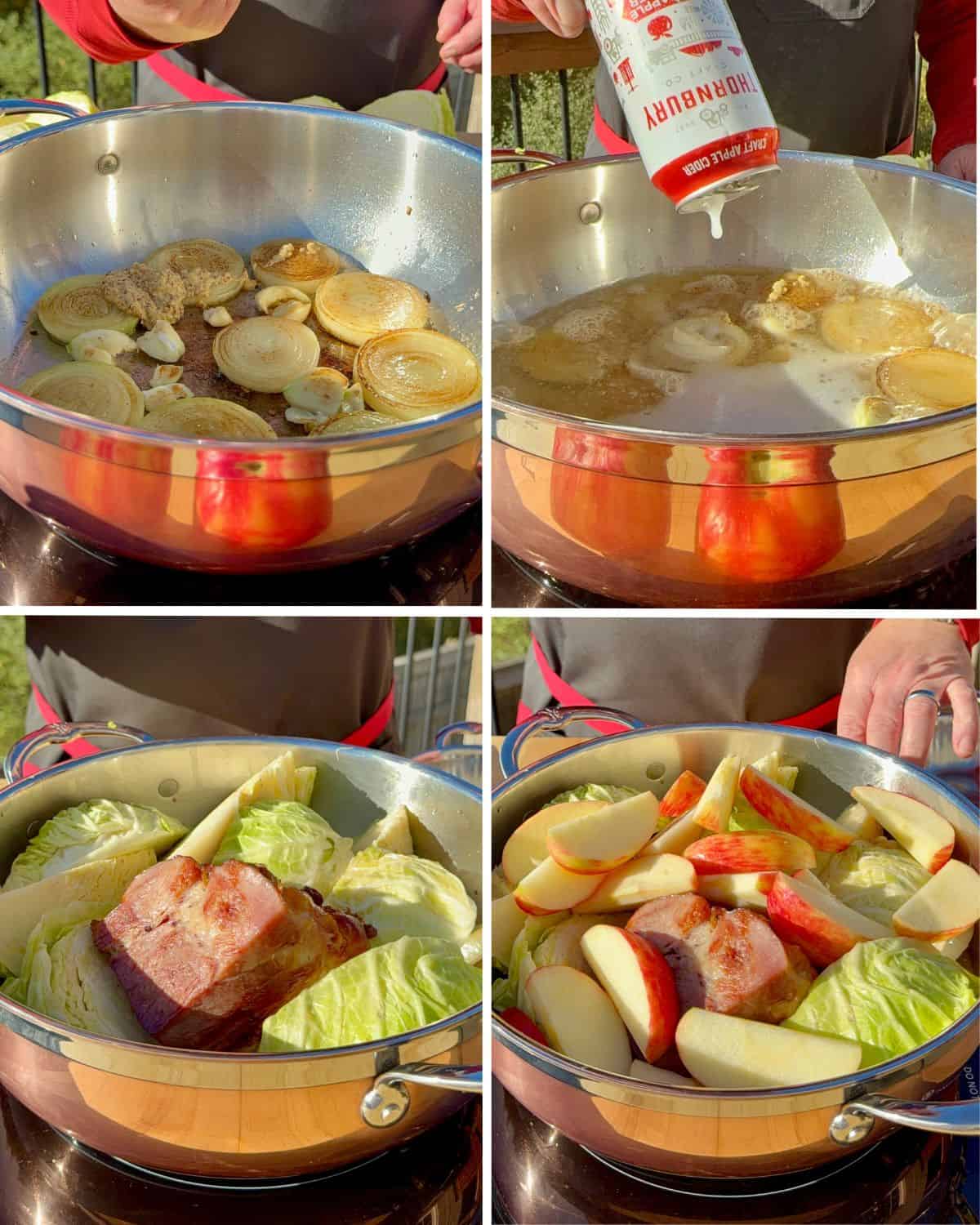 Deglaze, then add cider, cabbage, ham and simmer.