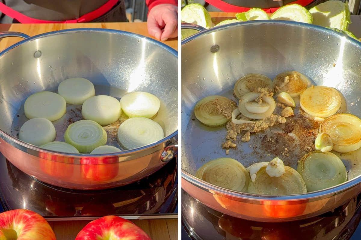 Sauté onions, garlic, then add mustard.