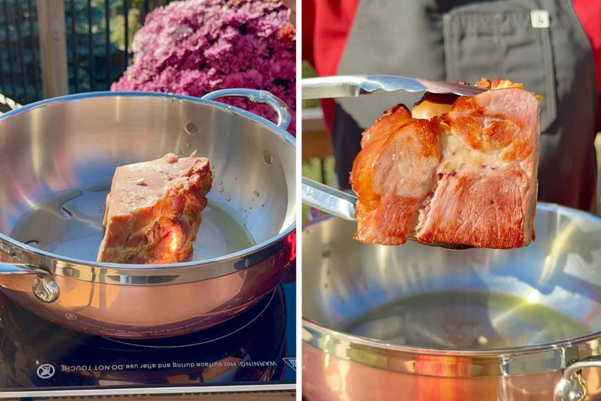 Brown the leftover ham bone on all sides.