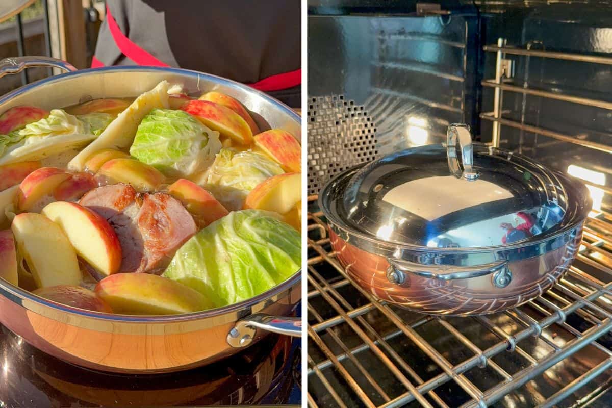 Transfer the cider braised cabbage into the oven.