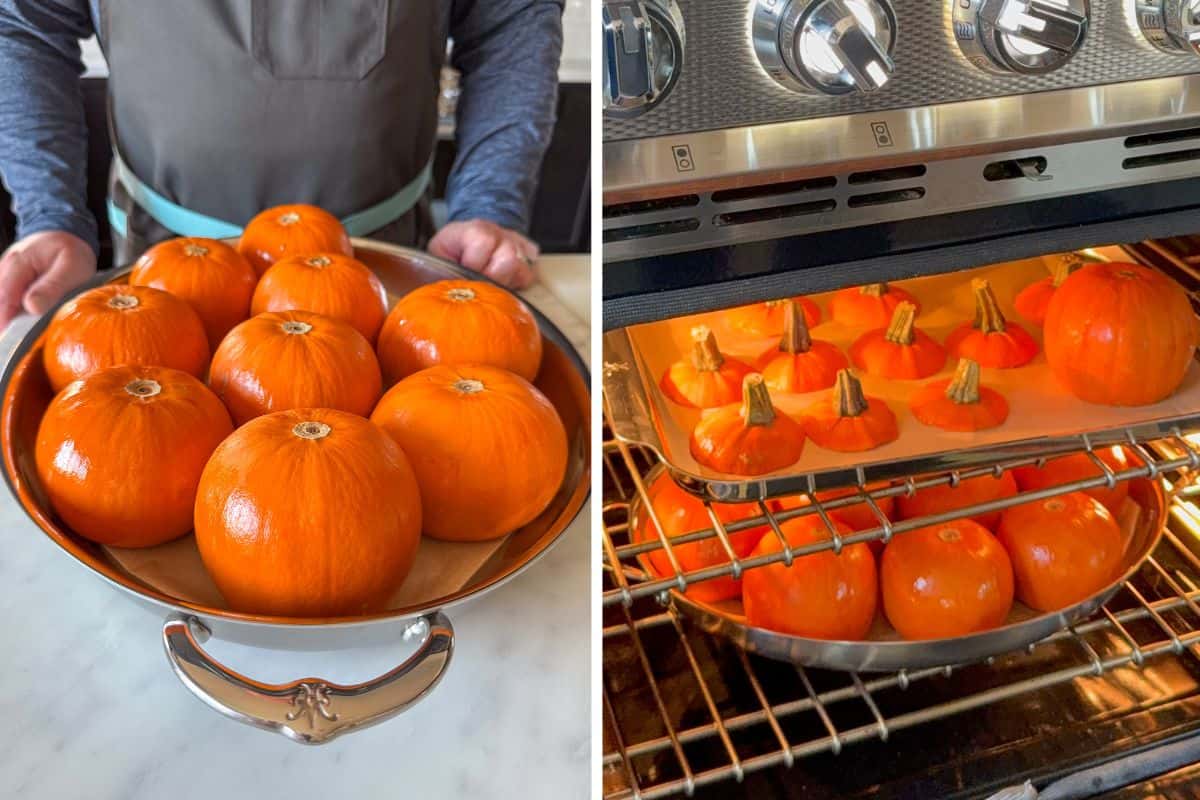 Place the mini pumpkins on a tray/sheet pan upside down to bake.