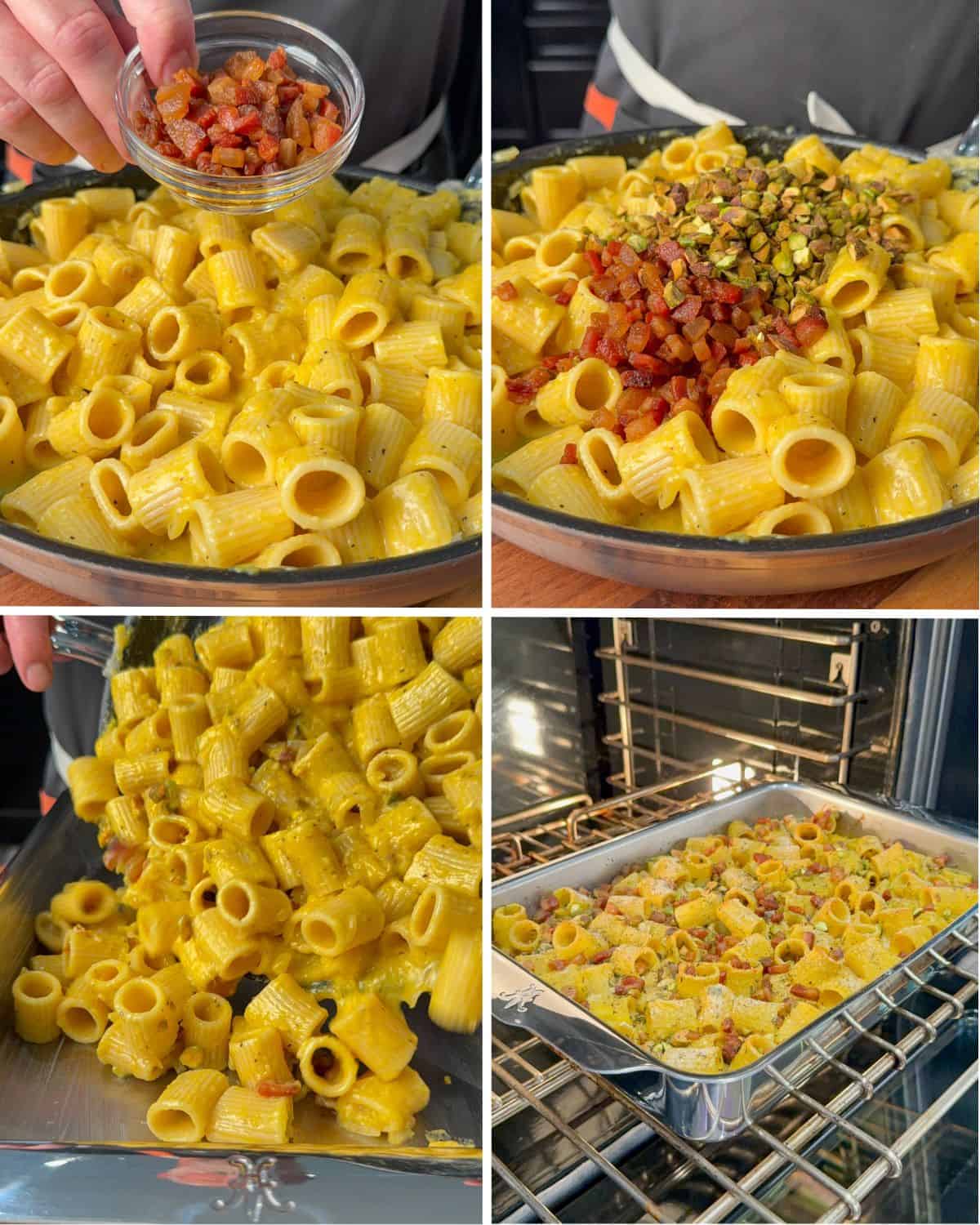 Add the guanciale, pistachios, assemble and bake the pumpkin Carbonara.