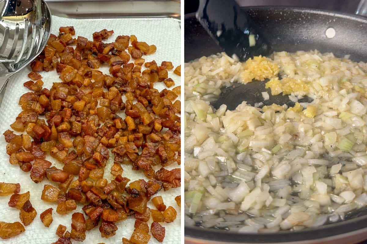 Crisp the Guaniciale and Saute the Aromatics for the pumpkin carbonara pasta.