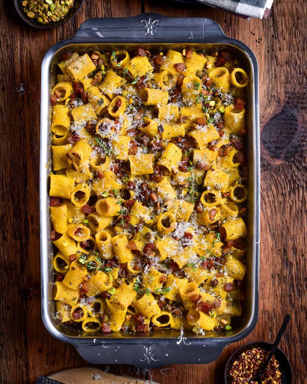 A baked pumpkin pasta carbonara bake.
