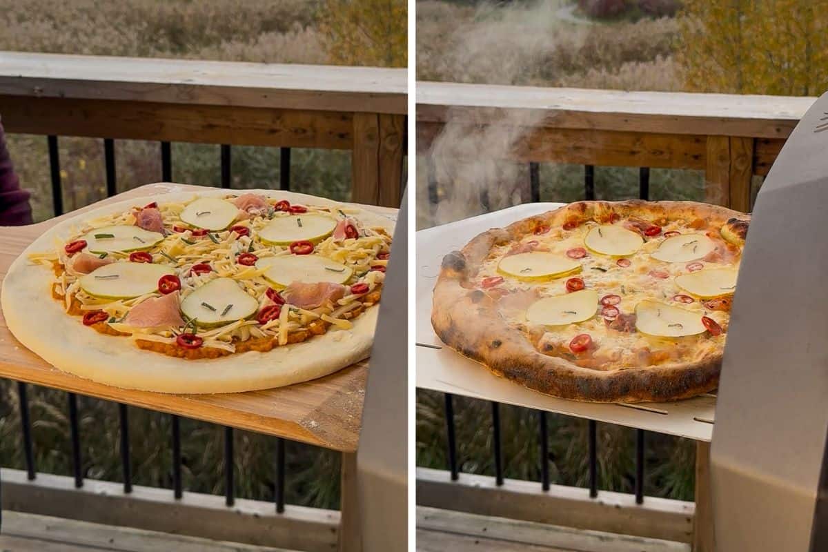 A pizza is going into an Ooni oven and coming out baked.