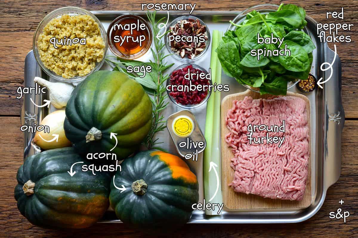 Ingredients for stuffed acorn squash recipe.