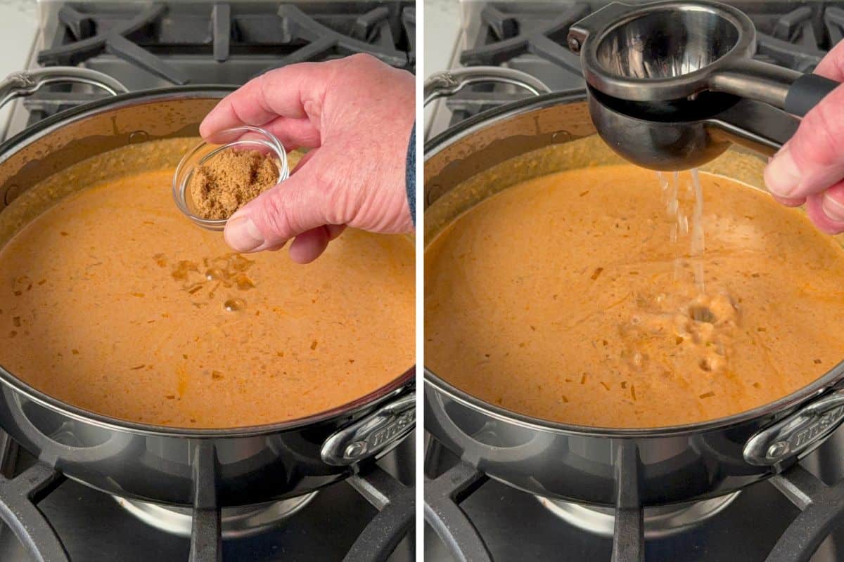 Finish off the coconut curry lobster stock with fish sauce, brown sugar and lime juice.