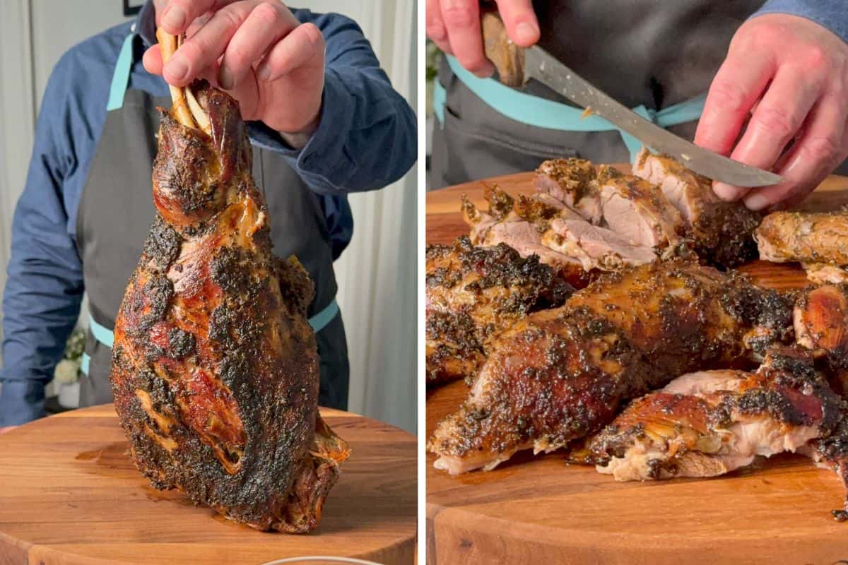 Let the Greek lamb roast rest for 20 minutes before carving. Use a sharp knife to slice the lamb against the grain for the most tender pieces.
