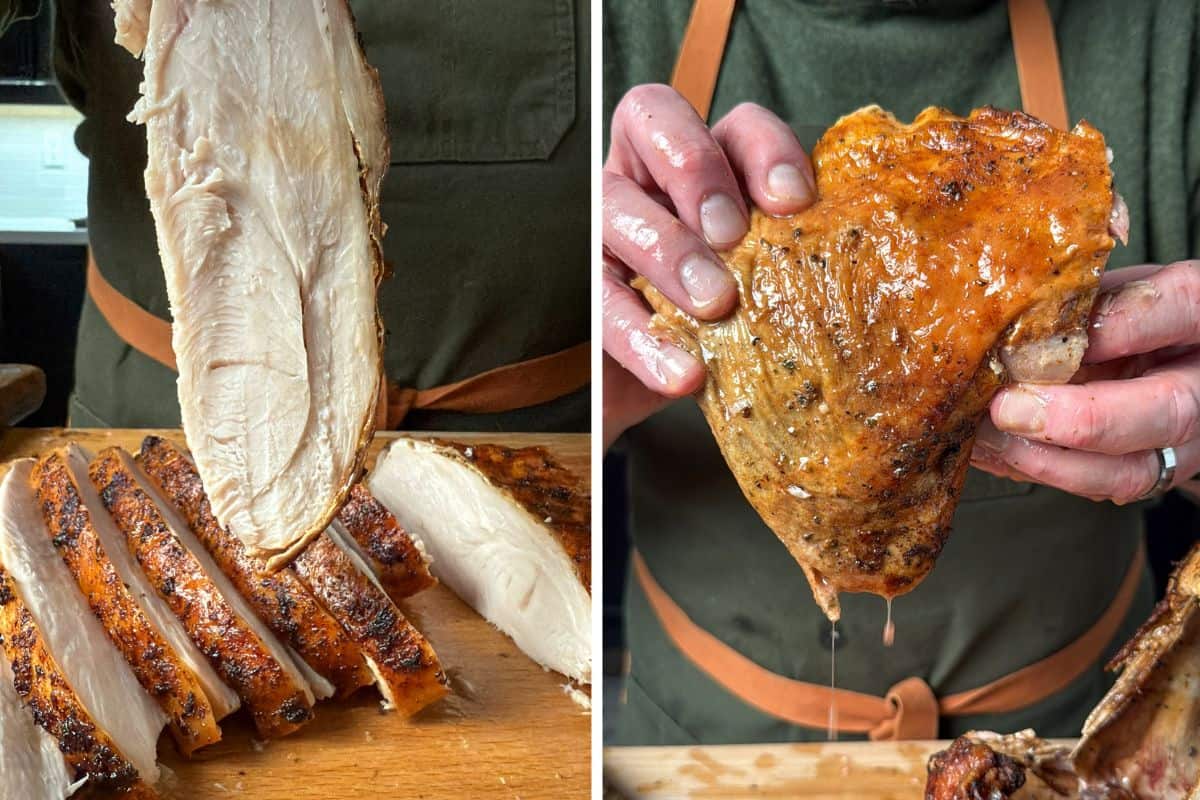 Carve the turkey's white meat and dark meat.