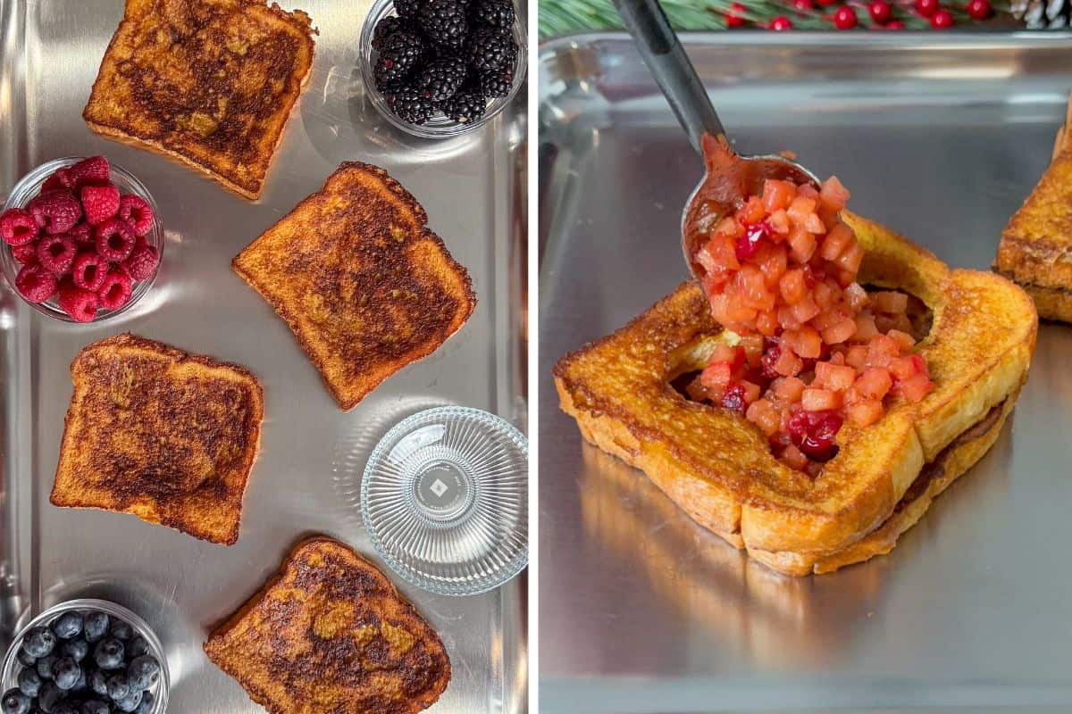 Stack two pieces of French toast and top with the apple compote.
