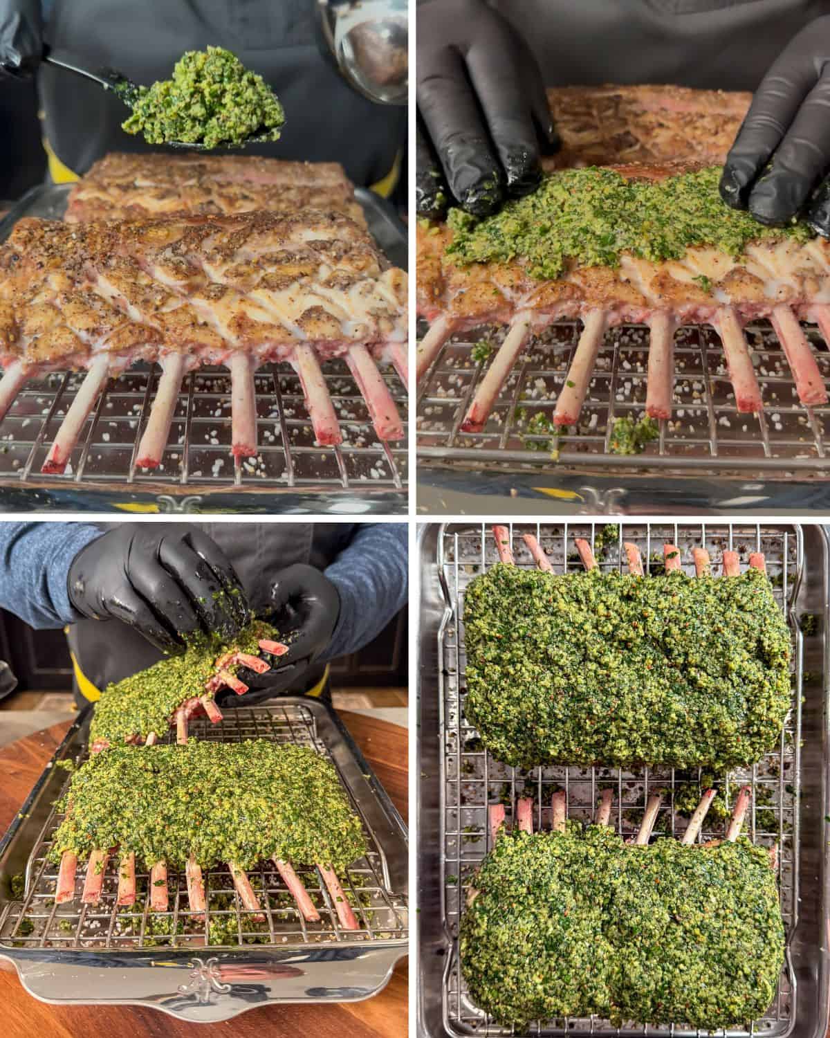 Apply the herb crust mixture to each frenched rack of lamb.