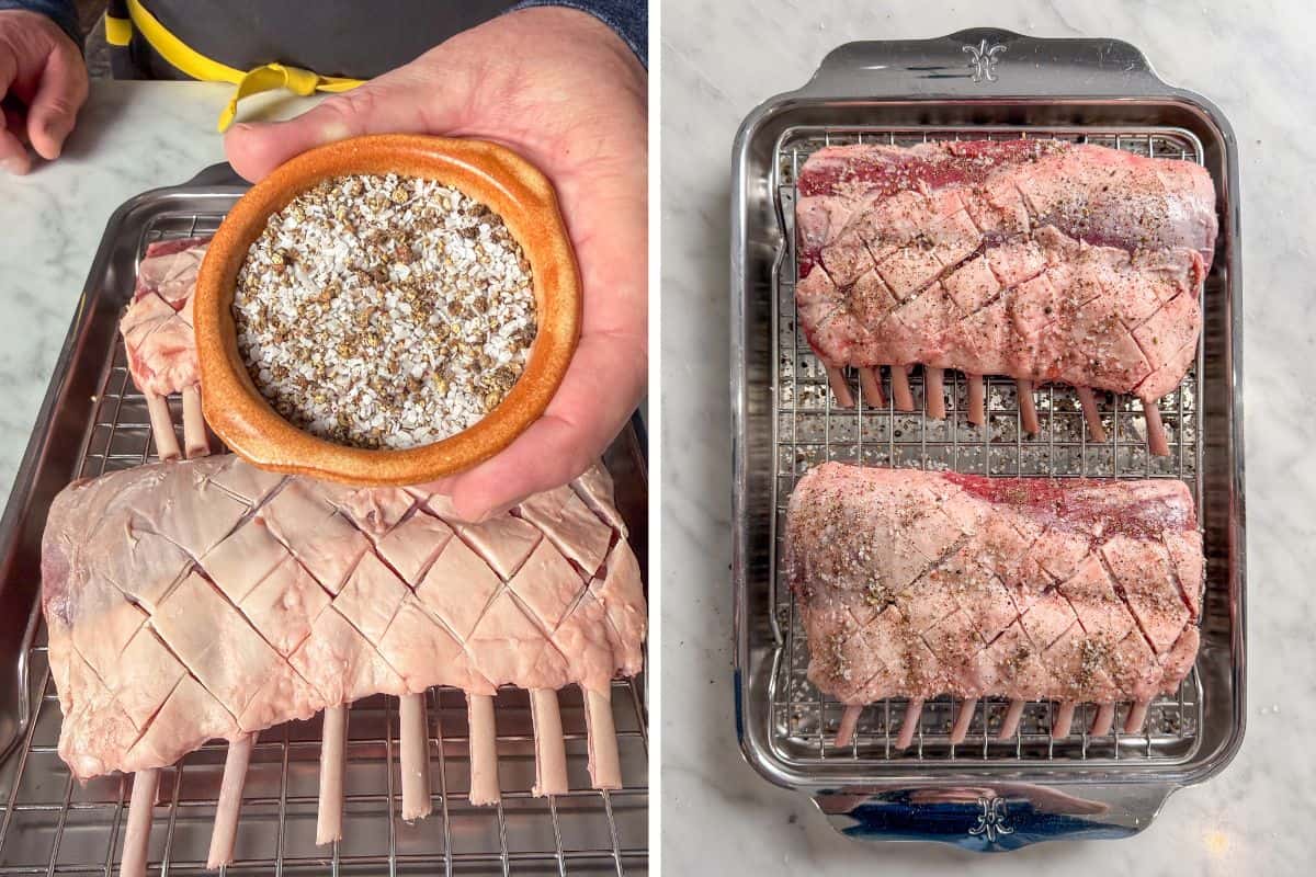 Score the lamb rack fat in a diamond pattern and season with salt and pepper.