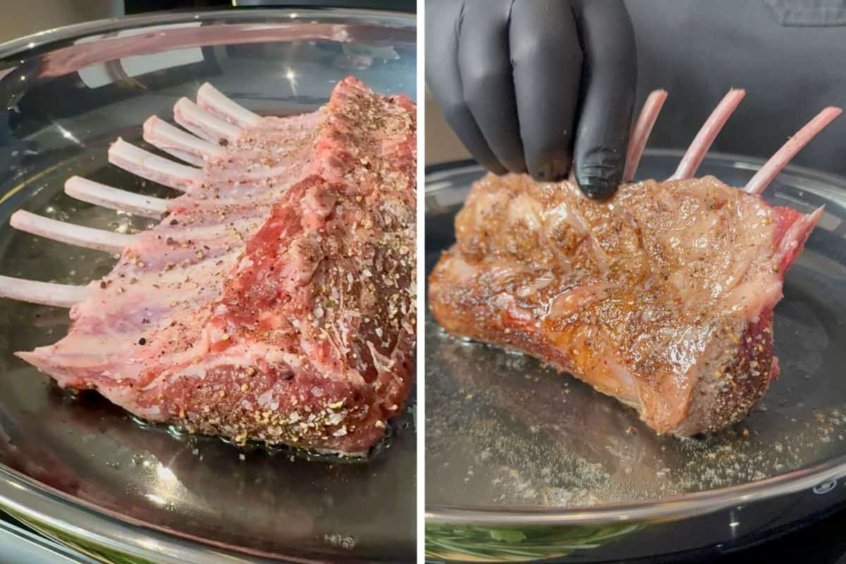 Sear the rack of lamb on all sides.