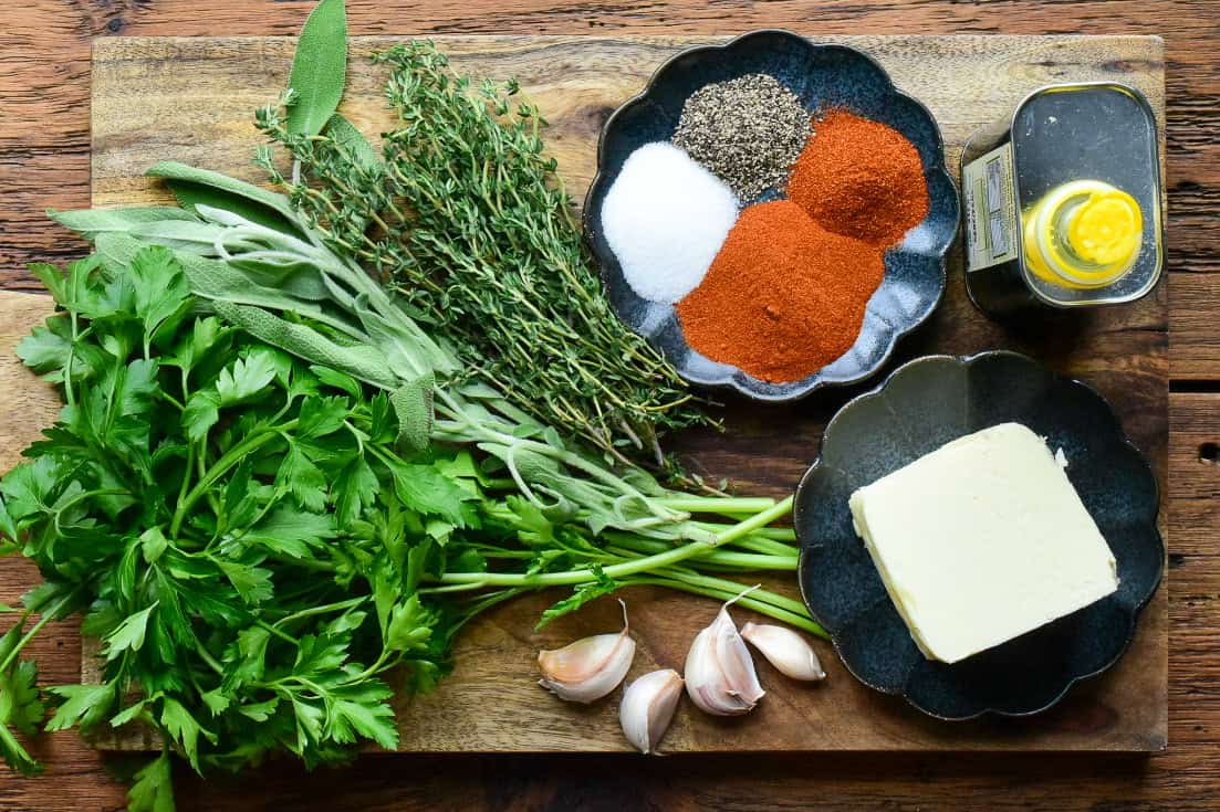 Ingredients for a butter-oil blend for a roasted turkey.