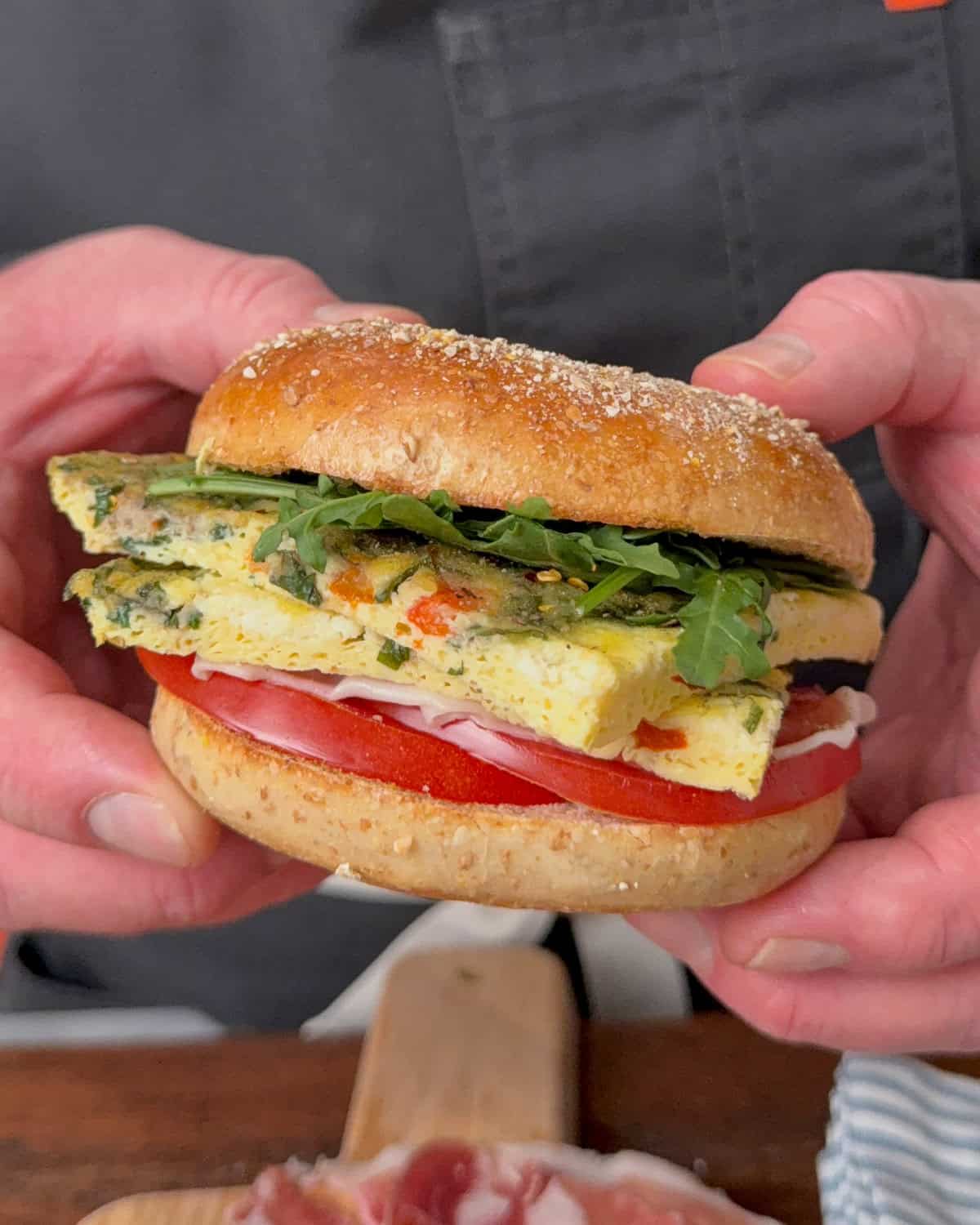 A sheet pan egg bake bagel sandwich.