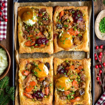 Four Upside Down Puff Pastry Tarts with Turkey Leftovers.