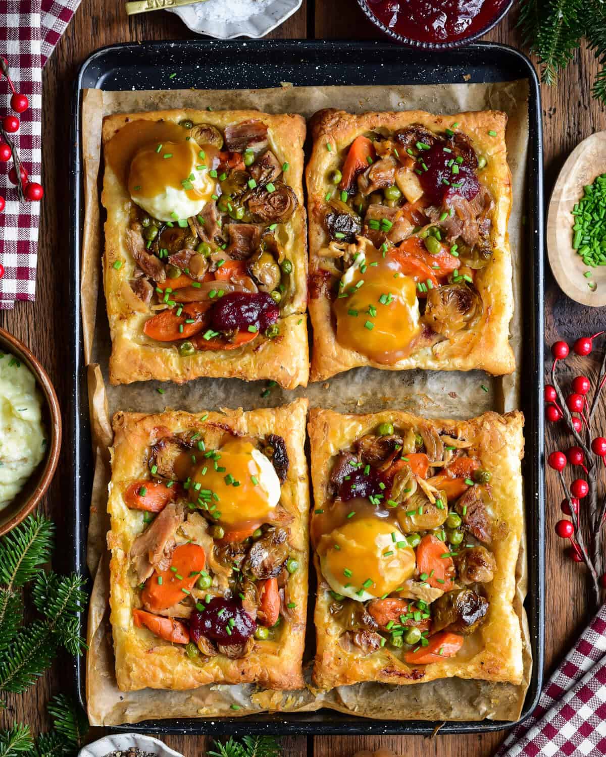 Four Upside Down Puff Pastry Tarts with Turkey Leftovers.