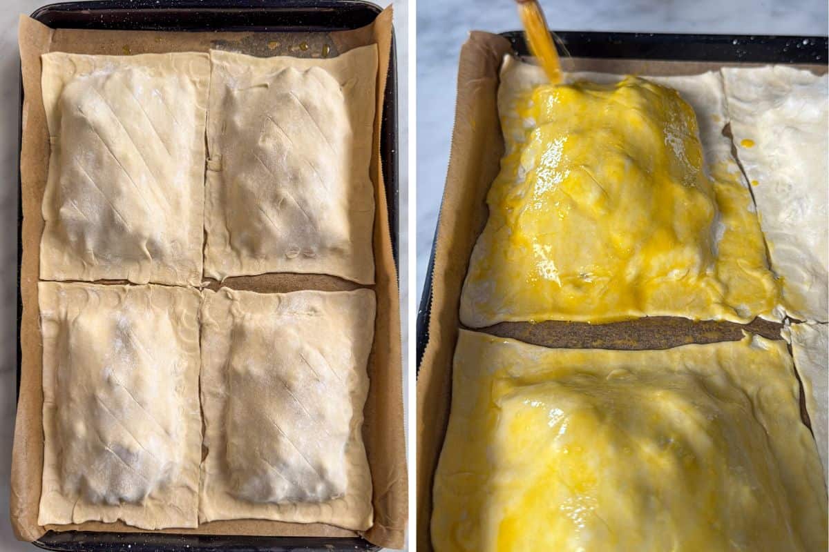 Score, then egg wash the puff pastry hand pies.