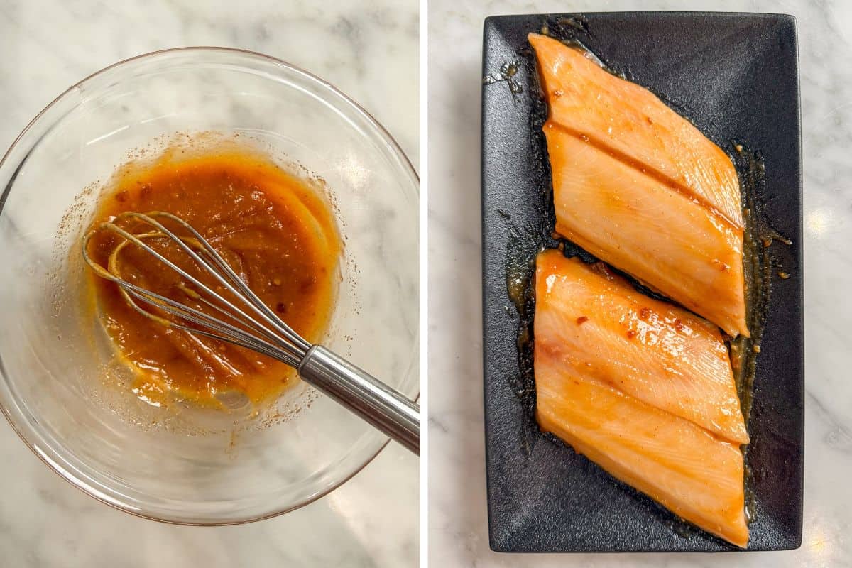 A bowl of white miso glaze and a plate of miso glazed black cod.