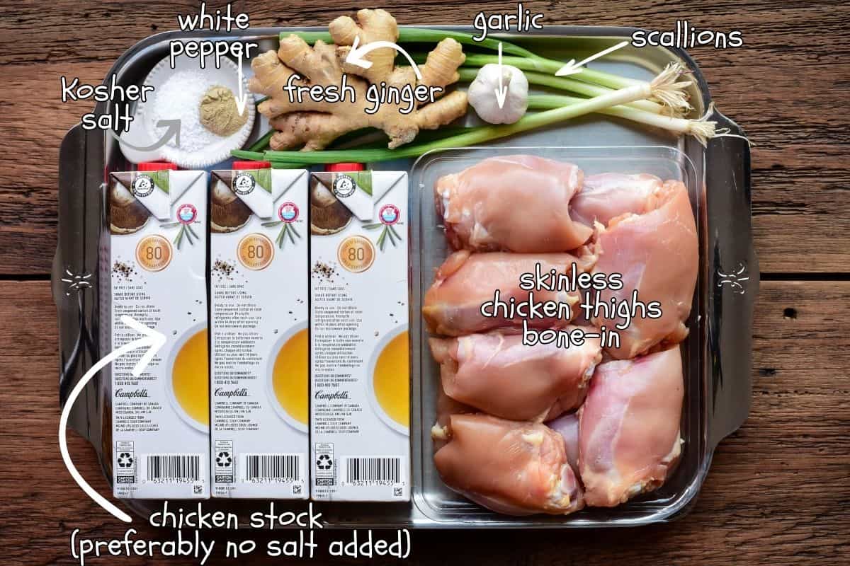 Ingredients for a chicken ginger soup recipe.