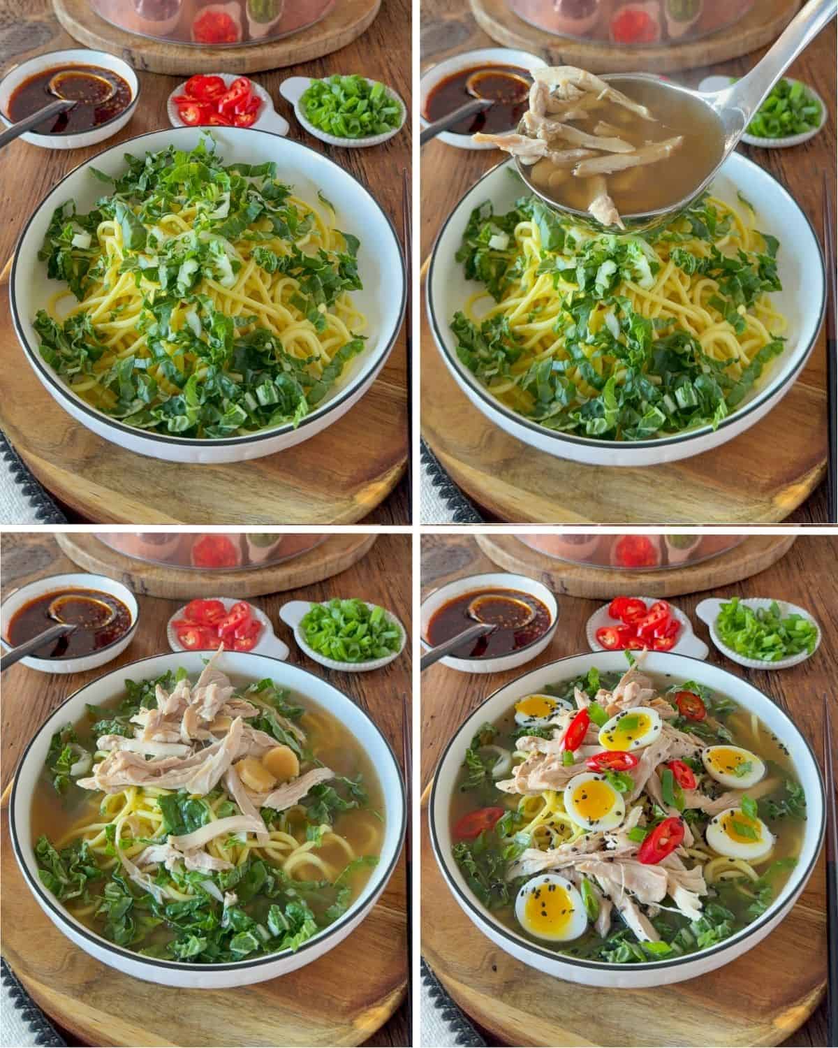 Steps to assemble the ginger chicken ramen soup.
