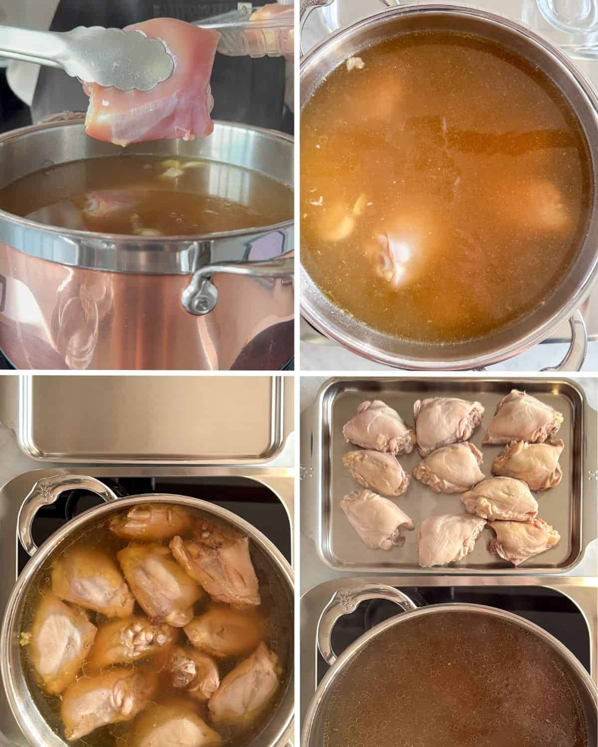 Poach the chicken until tender, then shred the meat.