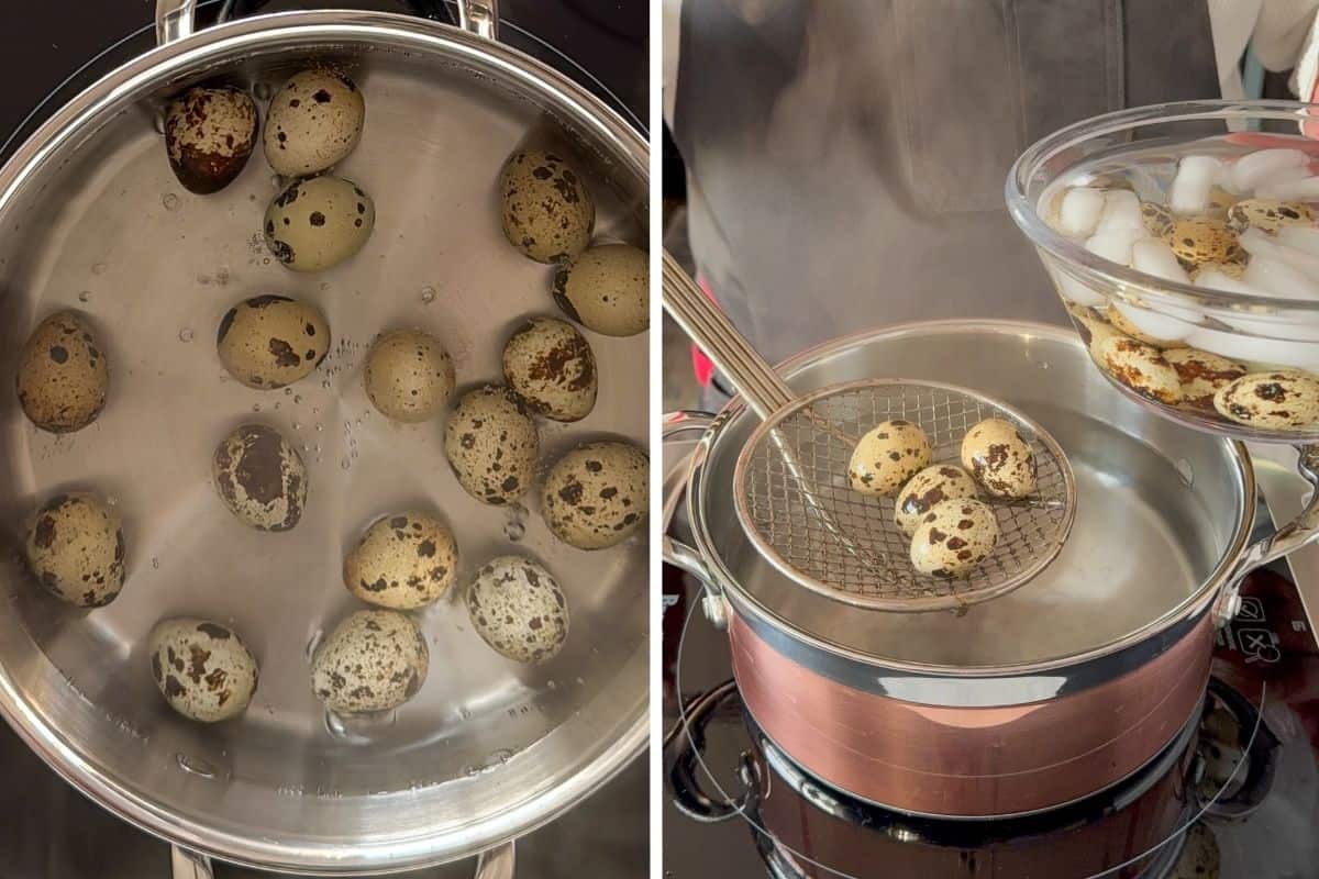 Boil the quail eggs and transfer to an ice bath.