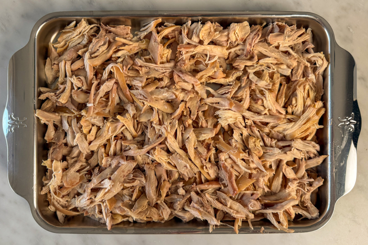 A tray of shredded chicken.