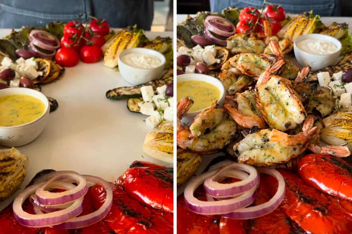 Arrange the grilled veggies and sauces, then place the shrimp in the middle of the salad.
