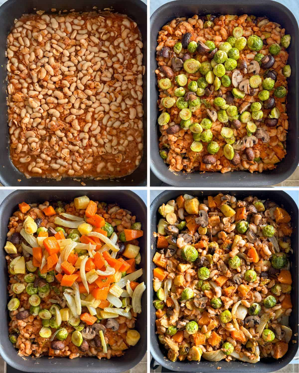 Add the roasted vegetables to the white bean cassoulet and gently stir.