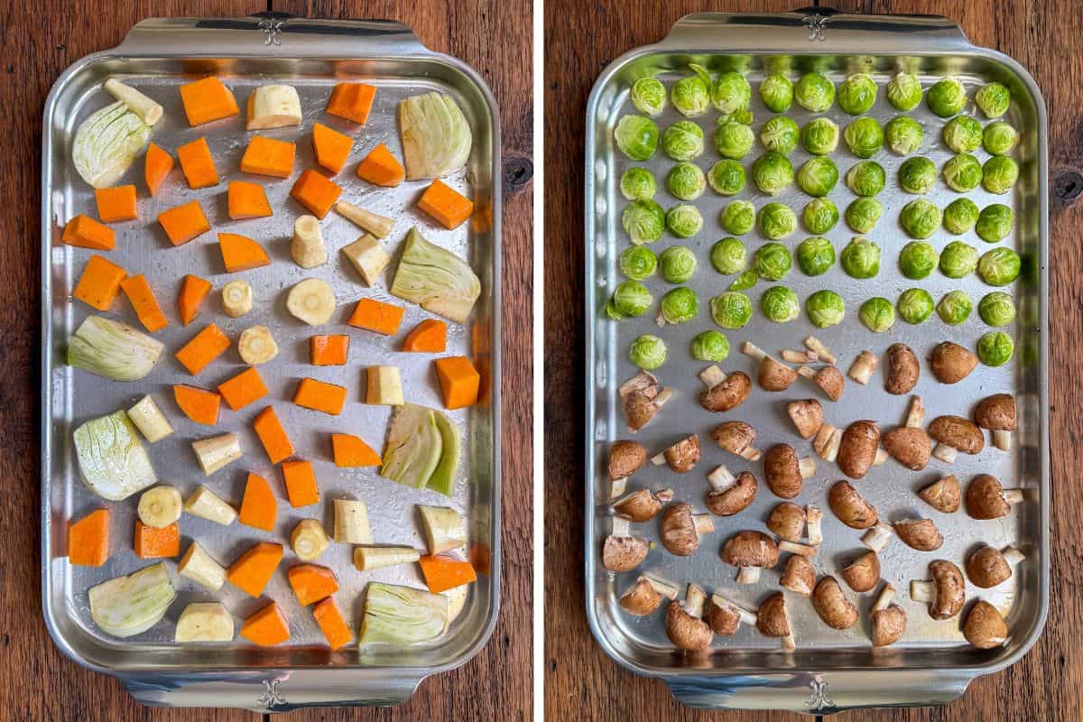 Roast the harder vegetables on one sheet pan and the softer veggies on another. The hard veggies will cook longer.