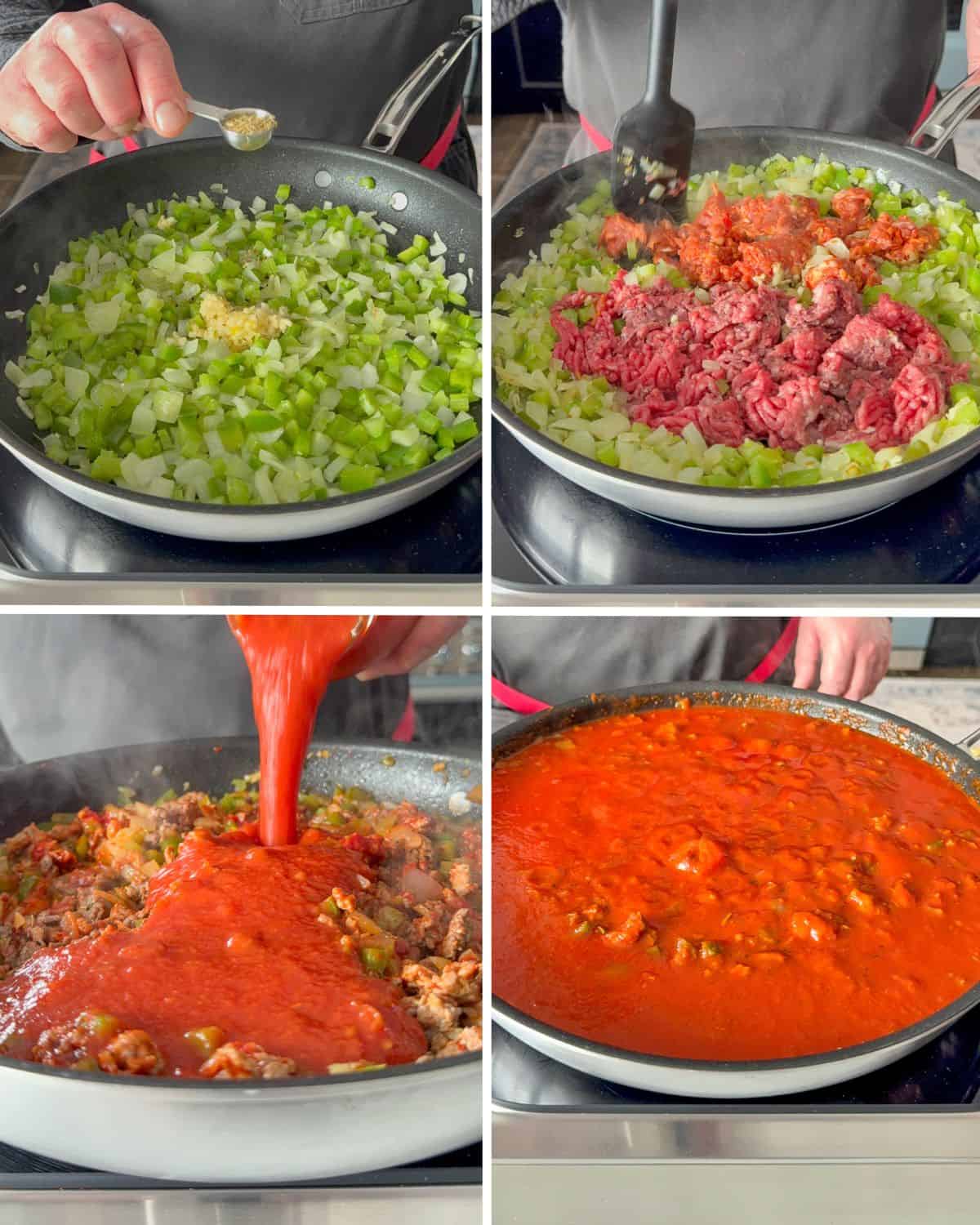 Steps on how to build the sauce for a sausage and beef lasagna.