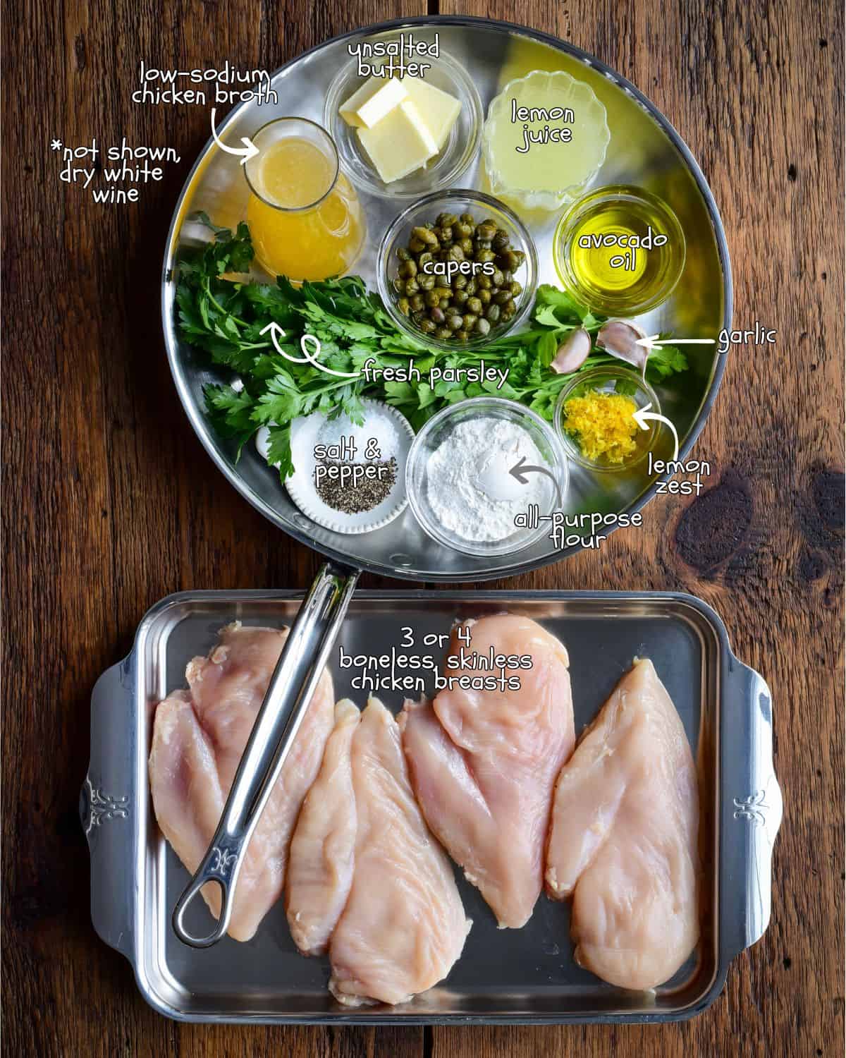 Ingredients for a lemony chicken piccata recipe.