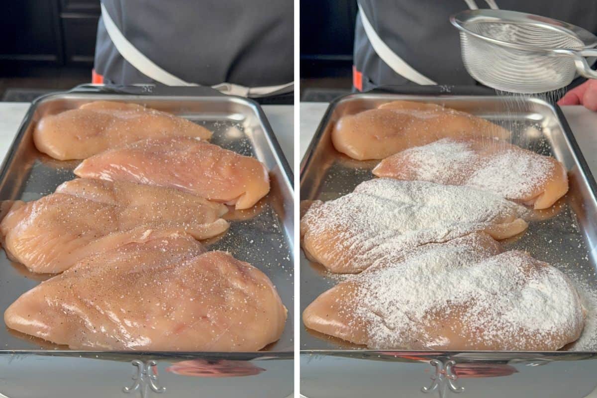Season the chicken with salt, pepper and a dusting of flour.
