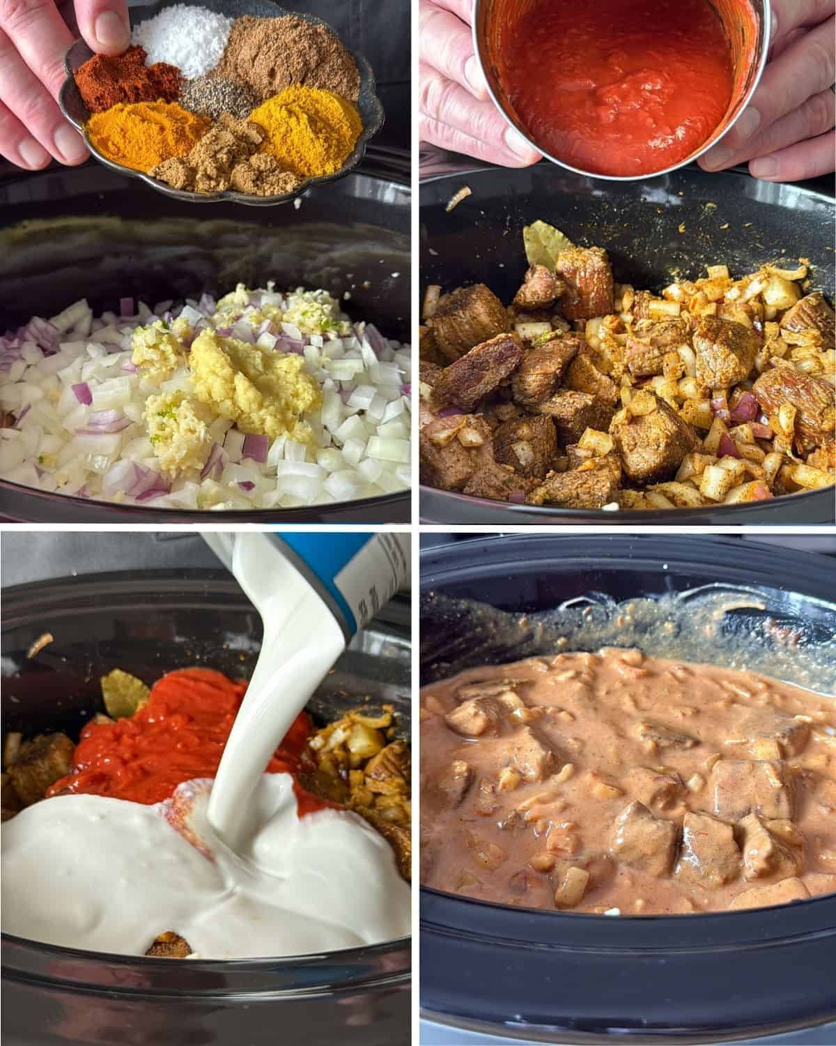 Stir in all of the base ingredients for the slow cooker beef and vegetable curry.