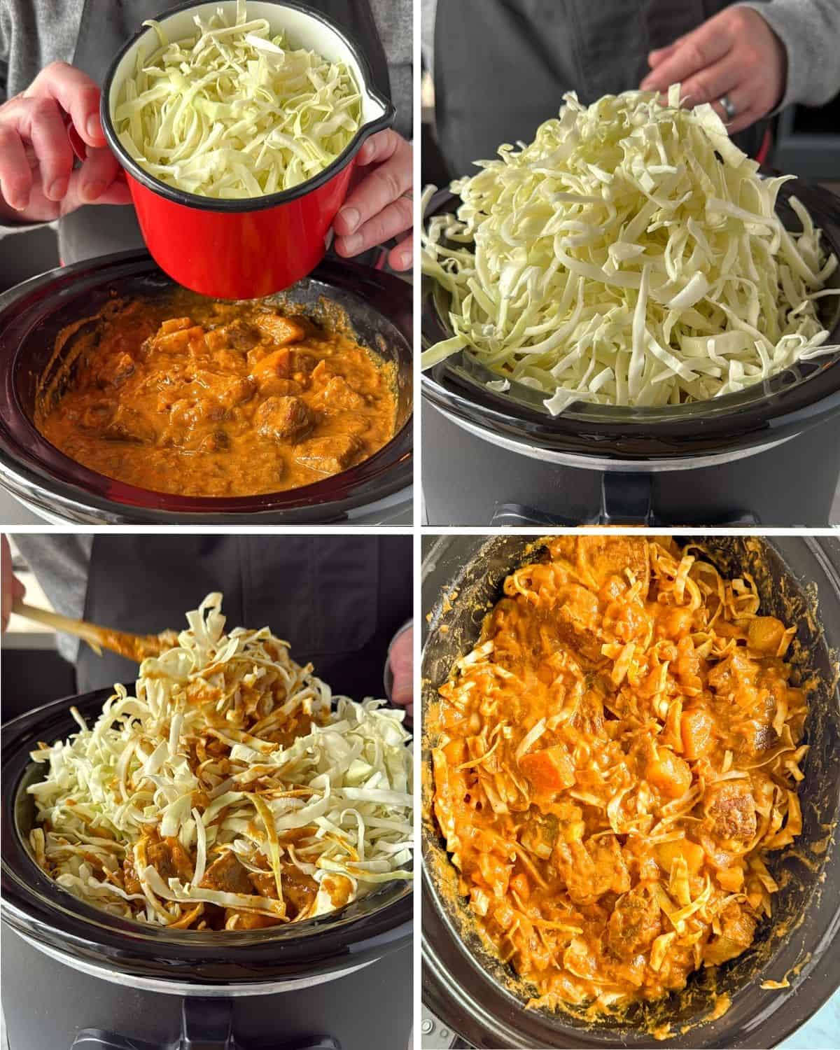 Add the cabbage to the beef and vegetable curry.