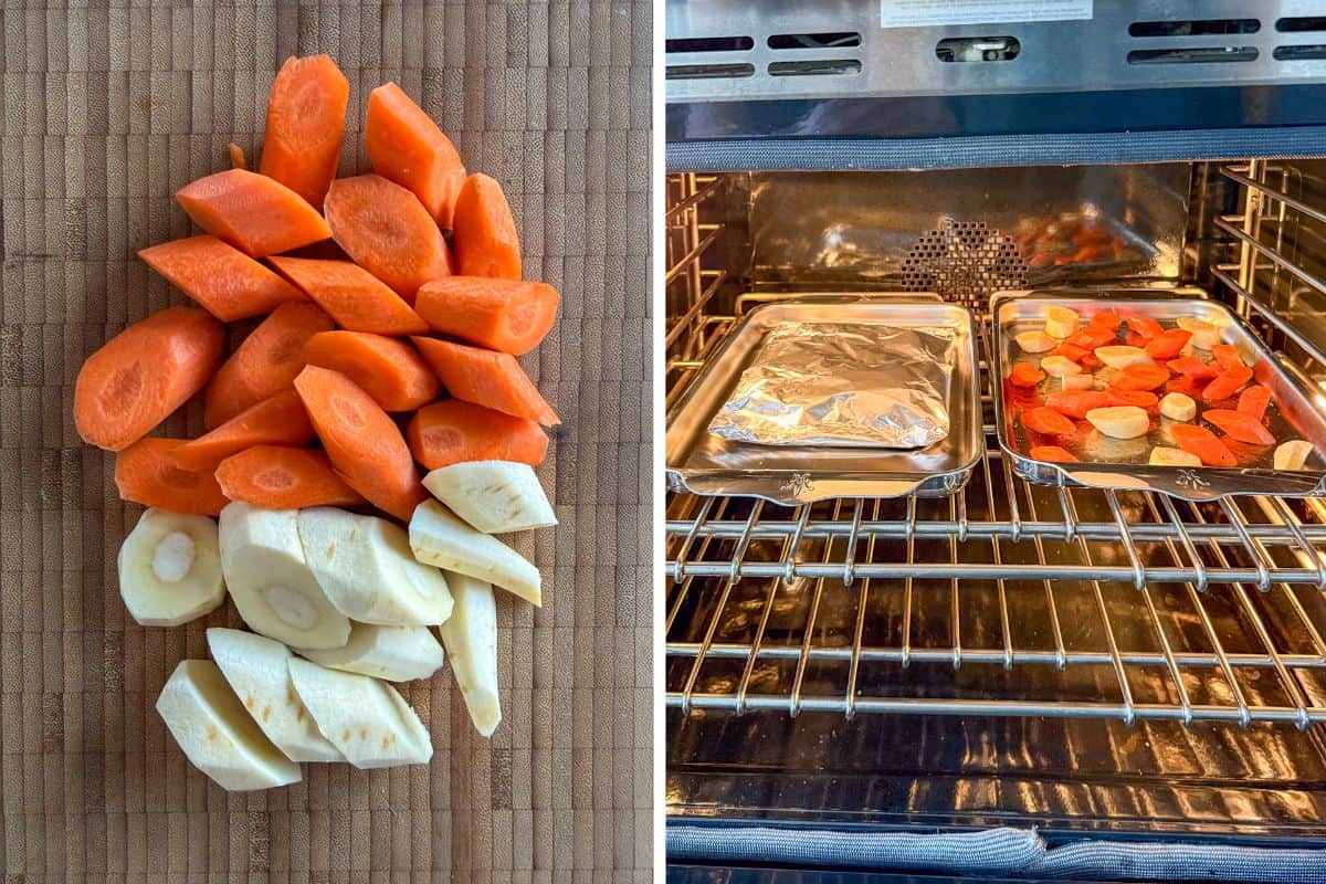 Slice and roast the carrots and parsnips.