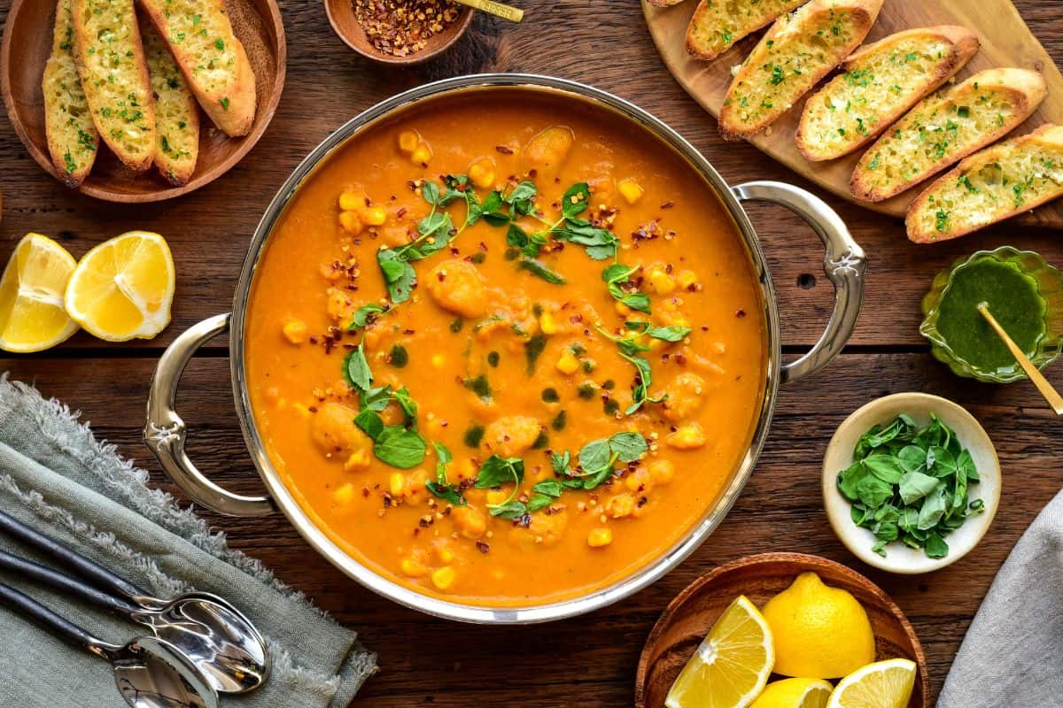 A pot of carrot and butter bean soup served with microgreens, a lemon-tarragon oil, crushed chilies and garlic bread.