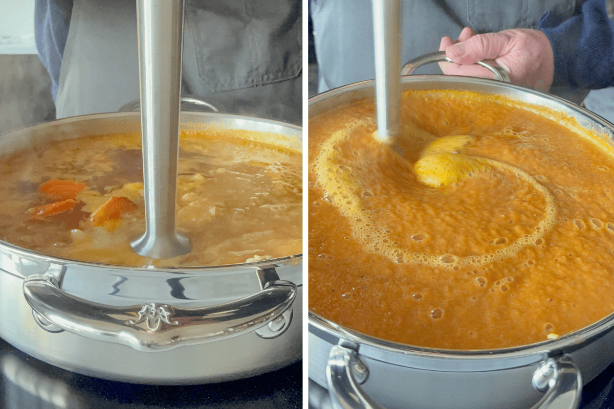 Use an immersion blender to blend the carrot chowder smoothly.
