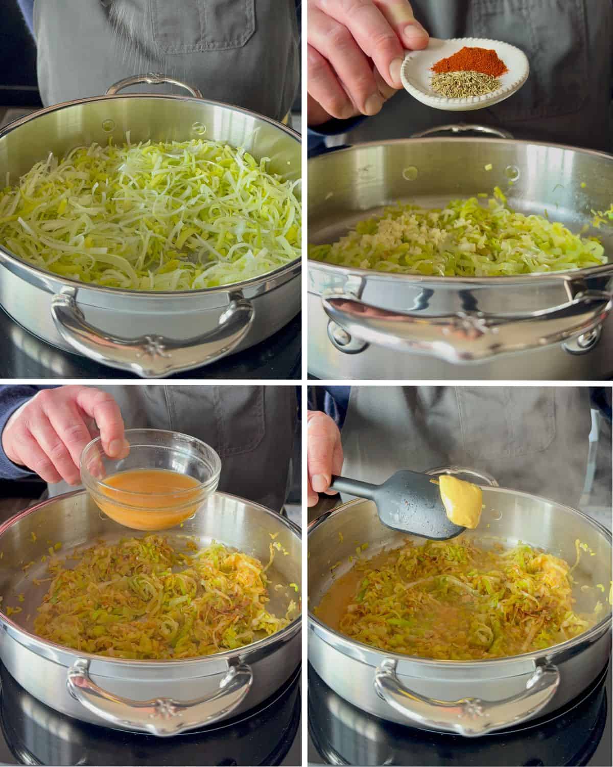Sauté the leeks and begin to build the base for the roasted carrot chowder.