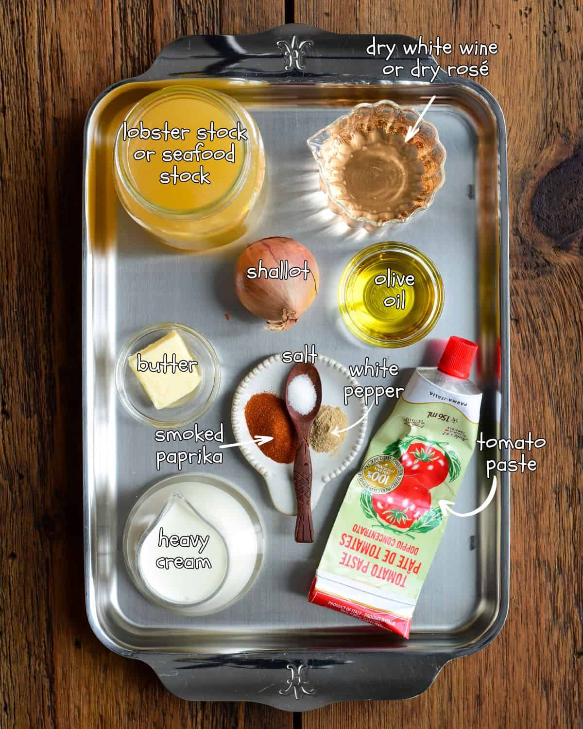 Ingredients for a lobster bisque base for shrimp and lobster roll ups recipe.