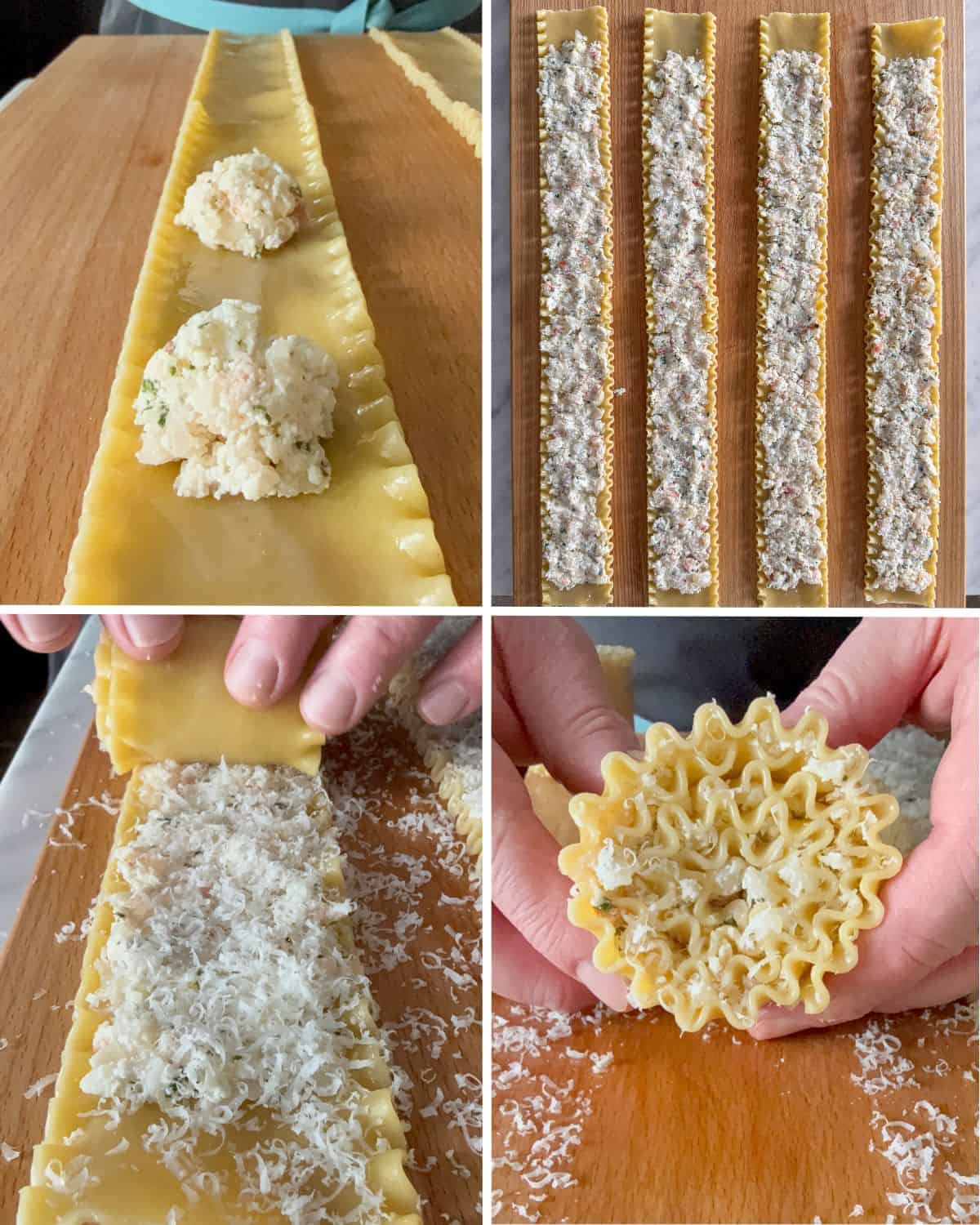 Assemble and roll the shrimp and lobster lasagna roll ups.