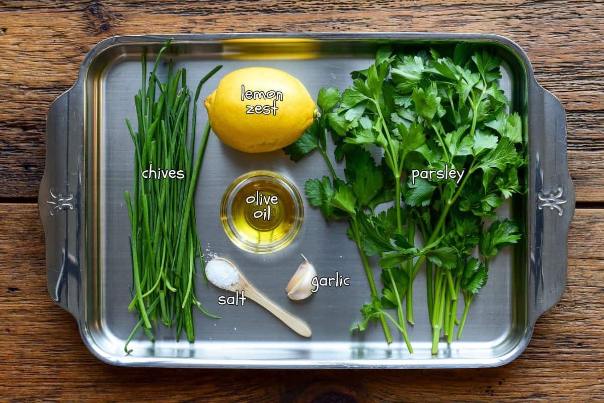 Ingredients for a Lemon–Herb Gremolata recipe.