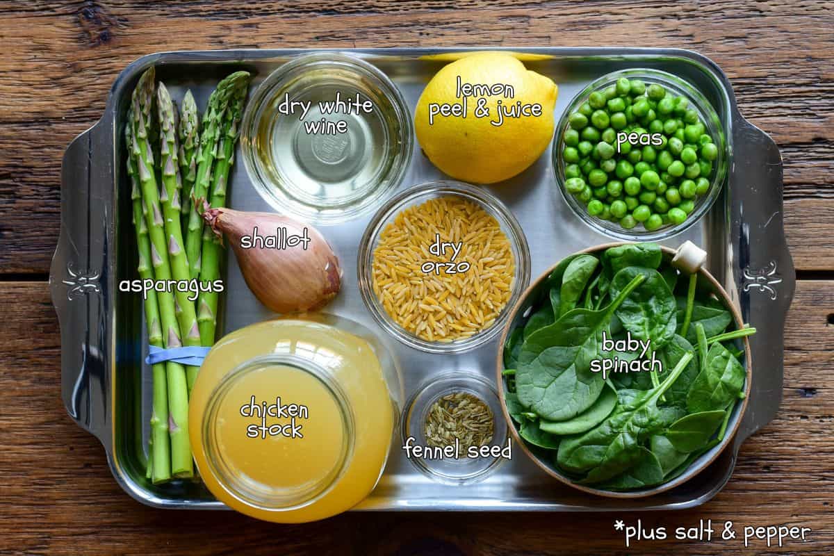 Ingredients for lemon orzo brodo with spring vegetables recipe.