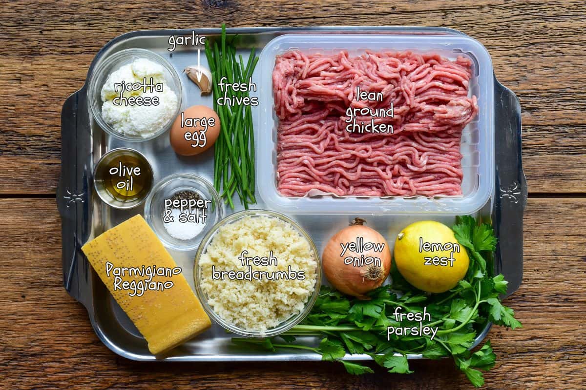 Ingredients for a chicken ricotta meatballs recipe.