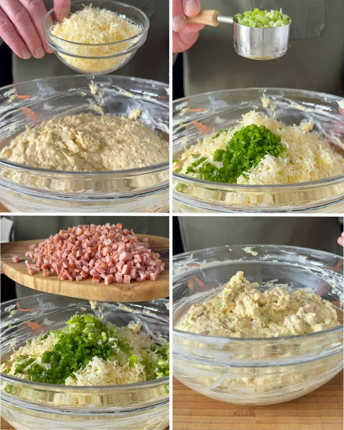 Gently fold in the diced ham, grated cheddar, jalapeños, and green onions into the cornmeal waffle batter.